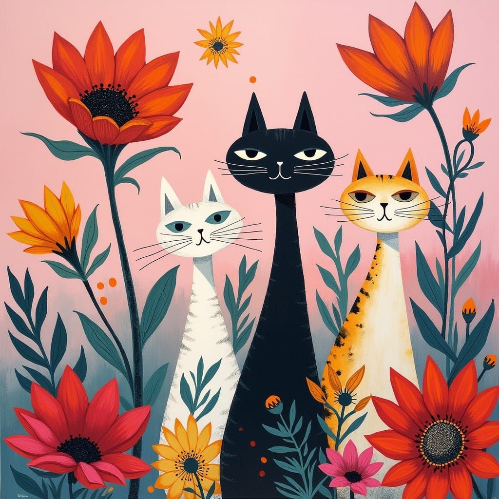 Whimsical Felines in a Lush Surrealist Garden