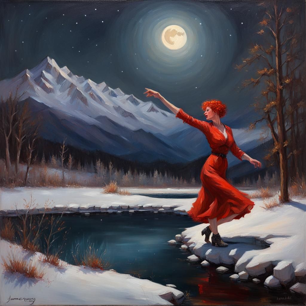 Woman Dancing Under Moonlight in Winter Landscape