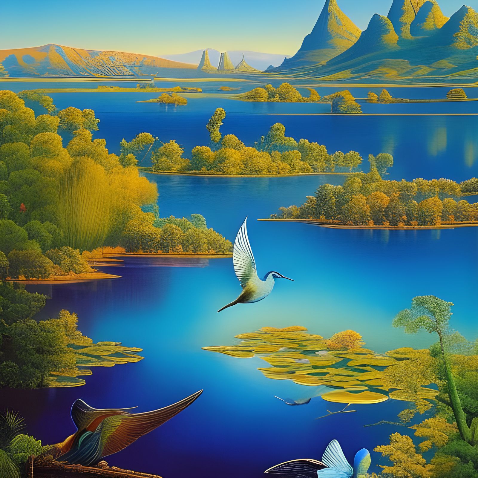 Shimmering Blue Bird in Surreal Landscape