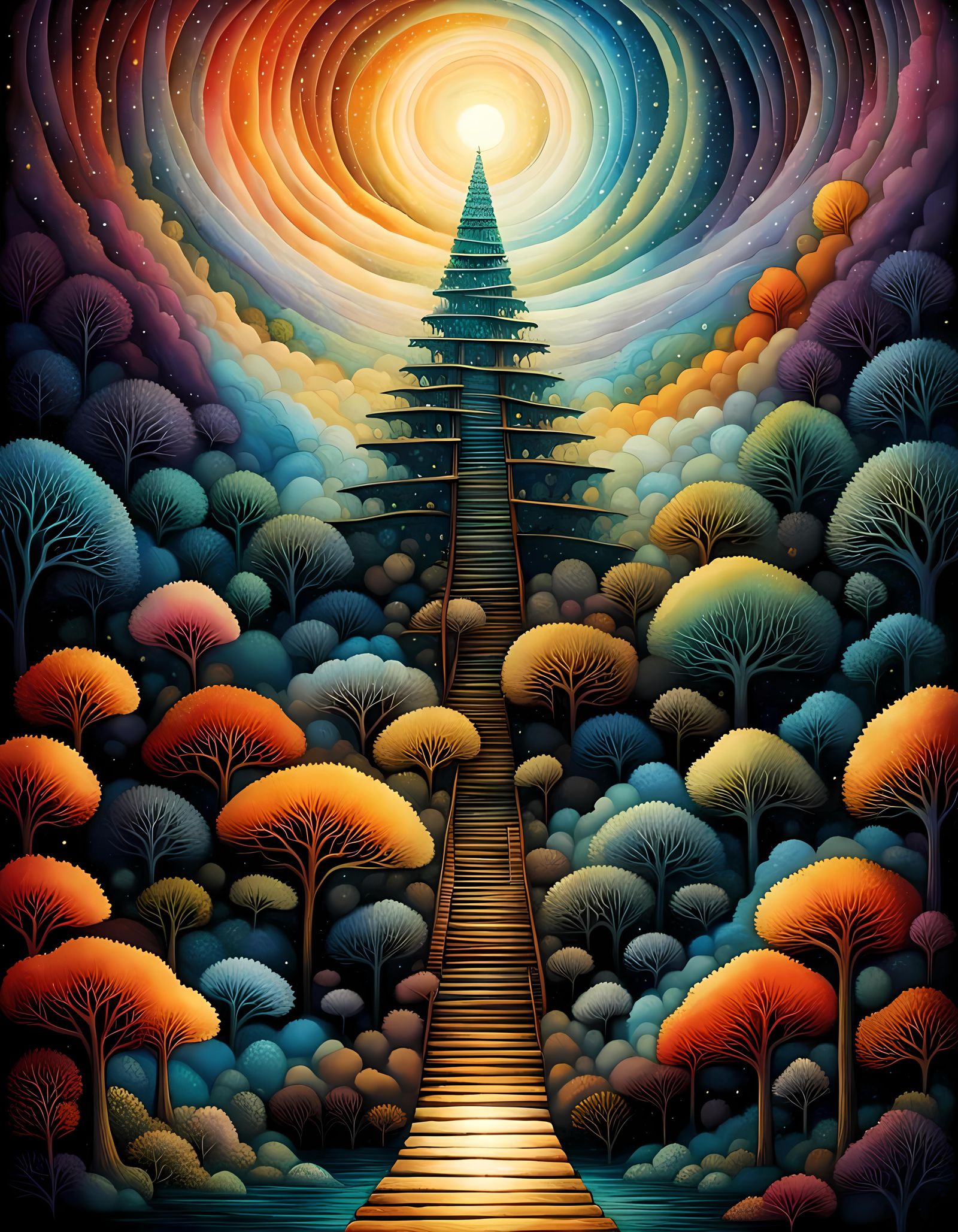 Surreal Stairway to Space with Luminous Textures