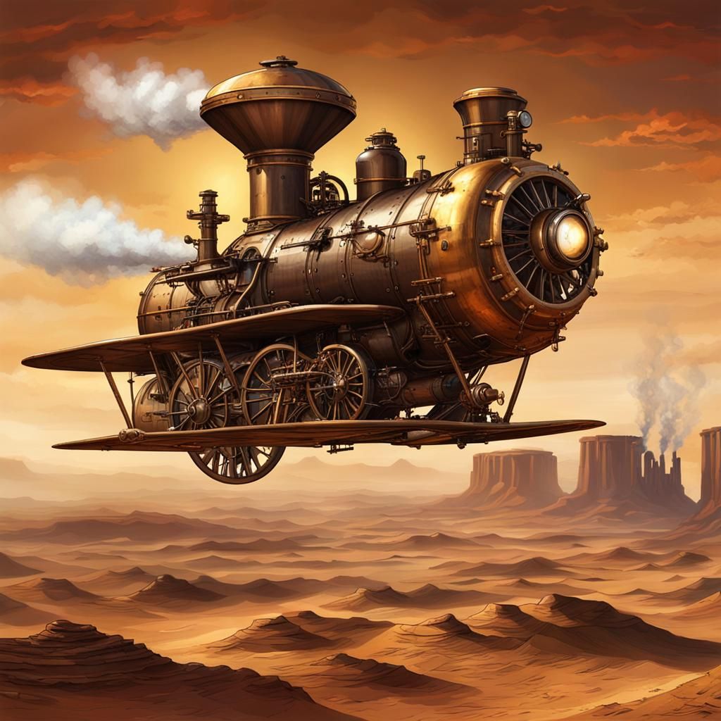 Steampunk Aircraft Over Desert Mesas