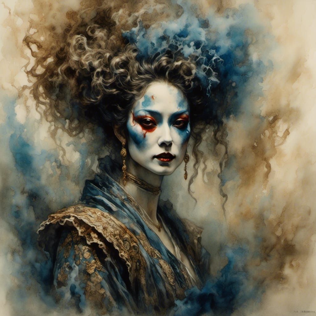 Kabuki Actor Emerges from Smoke in Watercolour Style