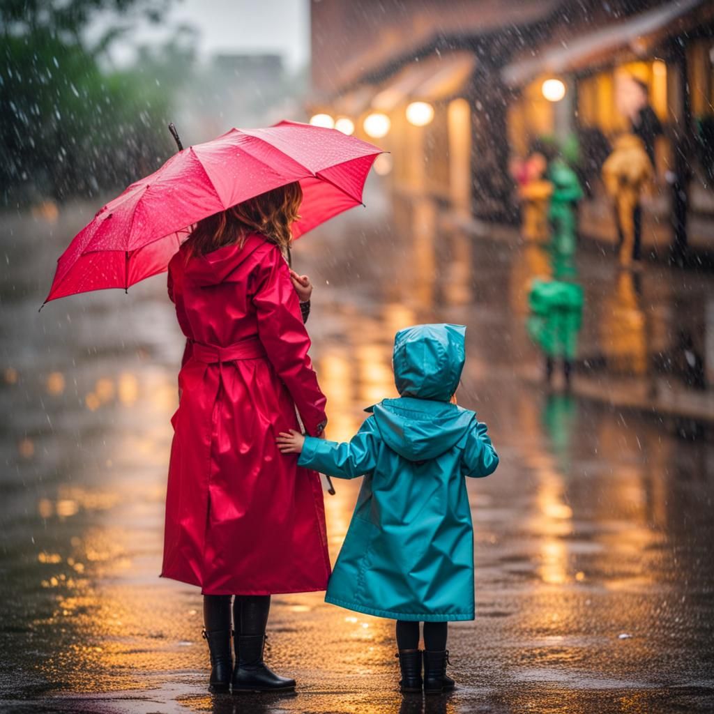 Mother and Daughter Joyfully Embrace Rainy Day