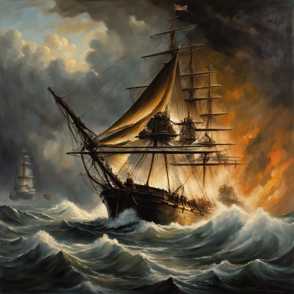 Naval Battle Oil Painting: War of 1812 Frigate Combat