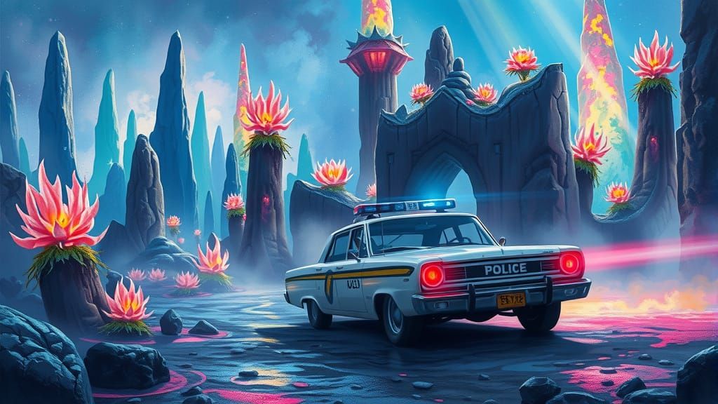 Ethereal Police Car in Luminous Fantasy Landscape