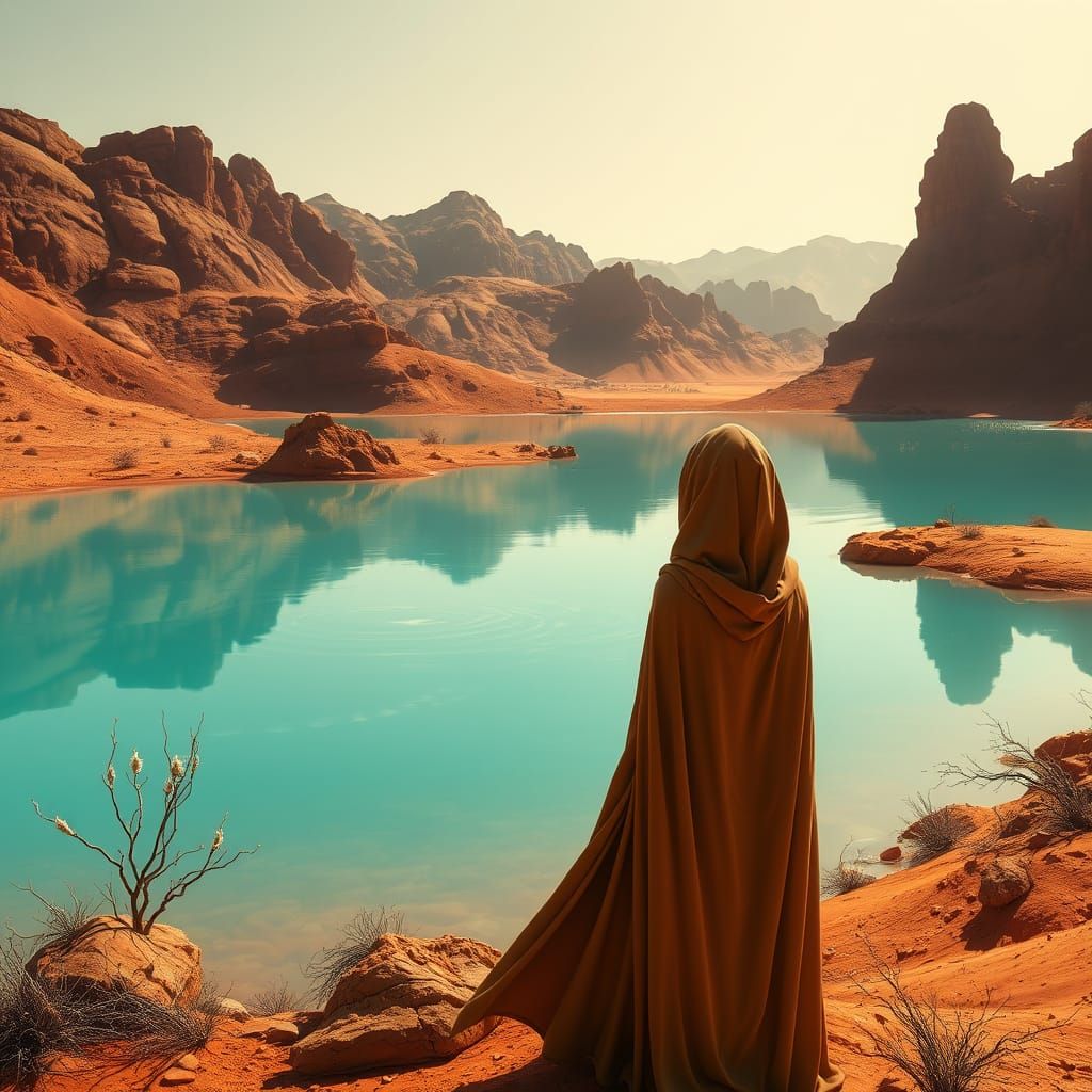 Martian Woman Contemplates Truth in Turquoise Lake