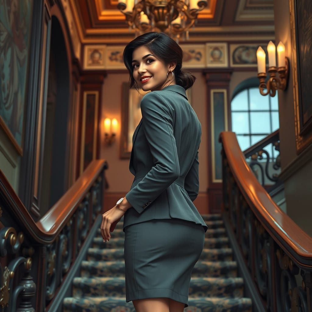 Elegant Businesswoman Ascending Staircase in Luxury Hotel Se...
