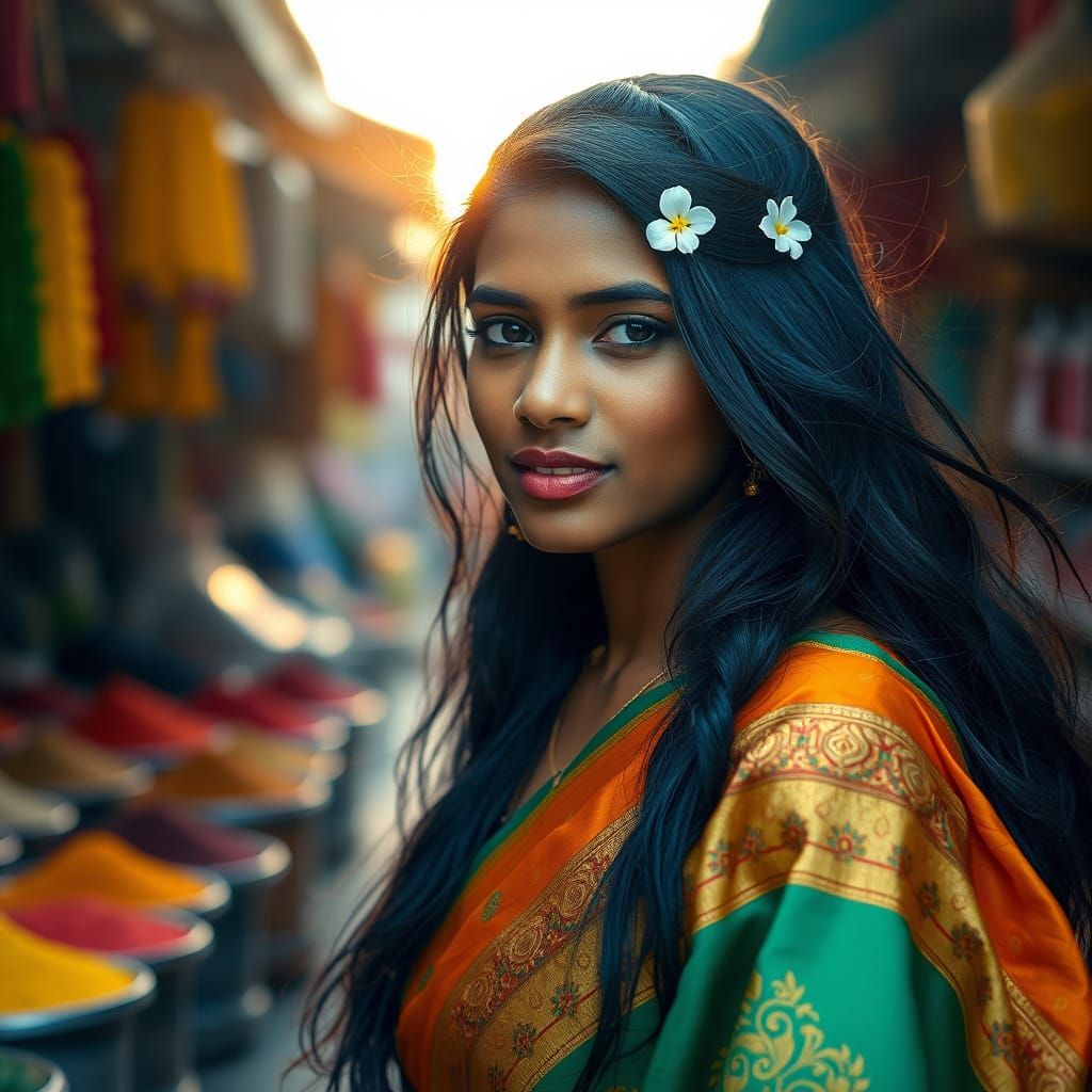 Tamil Woman in Spice Market, Impressionistic Style