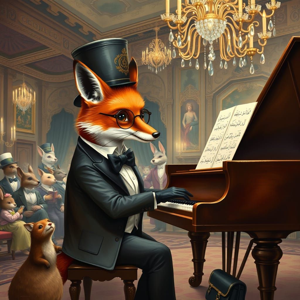 Fox Gentleman Plays Piano in Lavish Ballroom