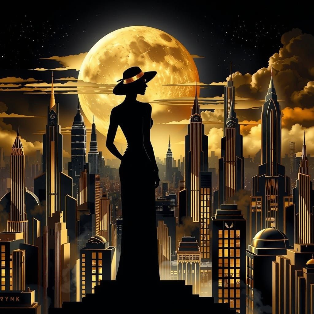 Art Deco Cityscape with Silhouetted Woman