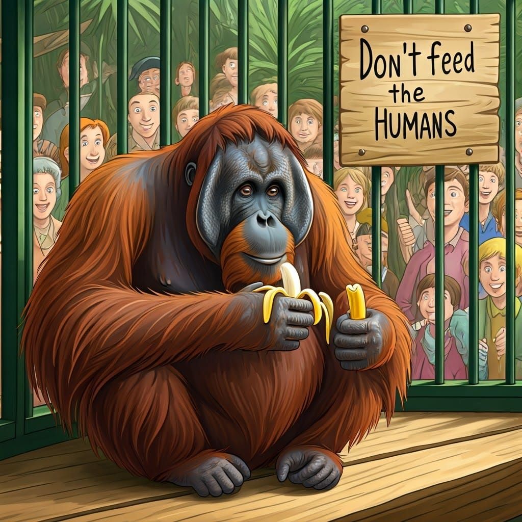 Whimsical Orangutan in a Lively Zoo Scene, in a Playful Cart...