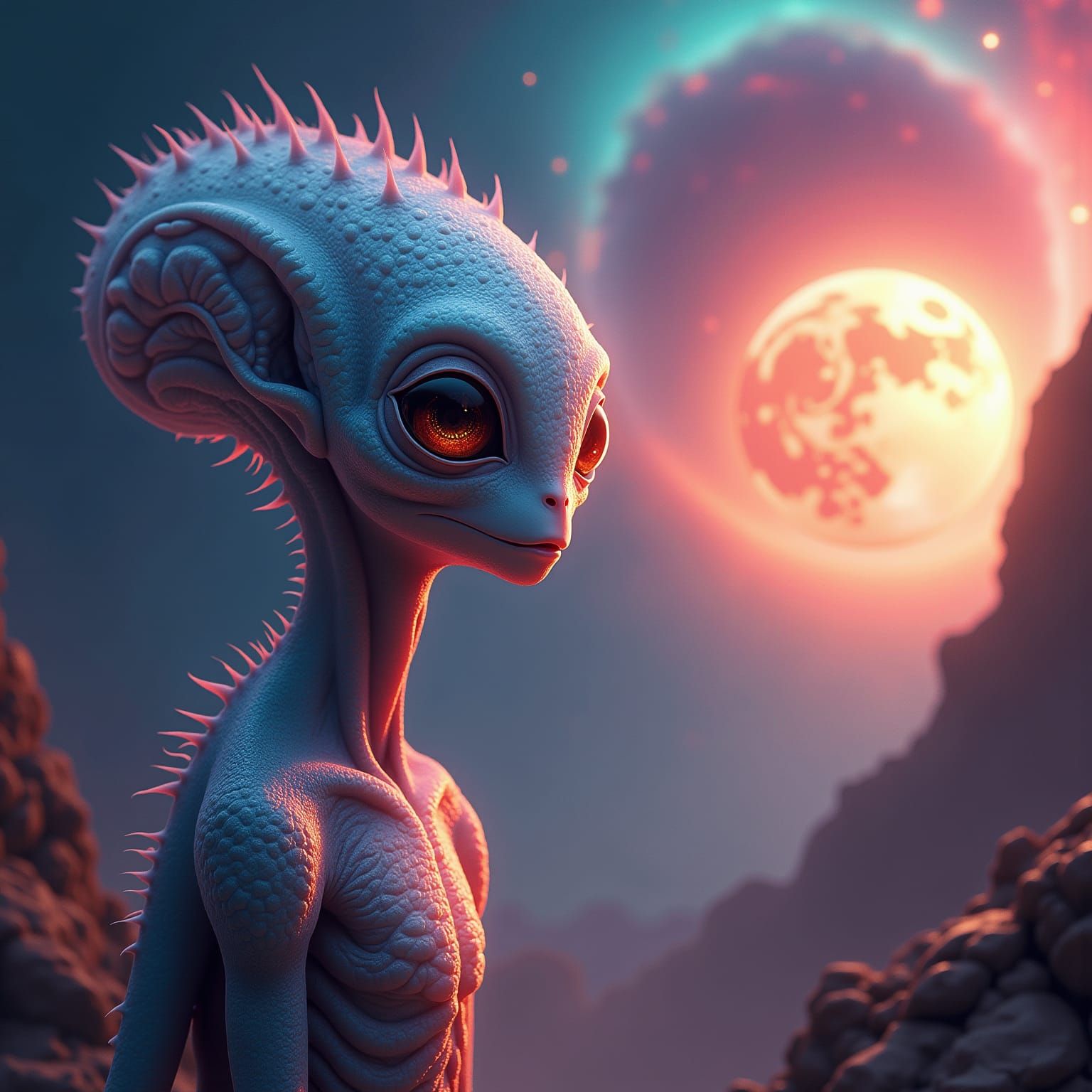 Ethereal Alien Gaze Towards Vibrant New Planet