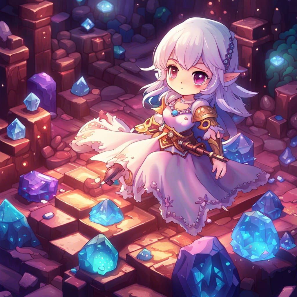 Chibi Woman Looting Crystals in Colorful Dungeon