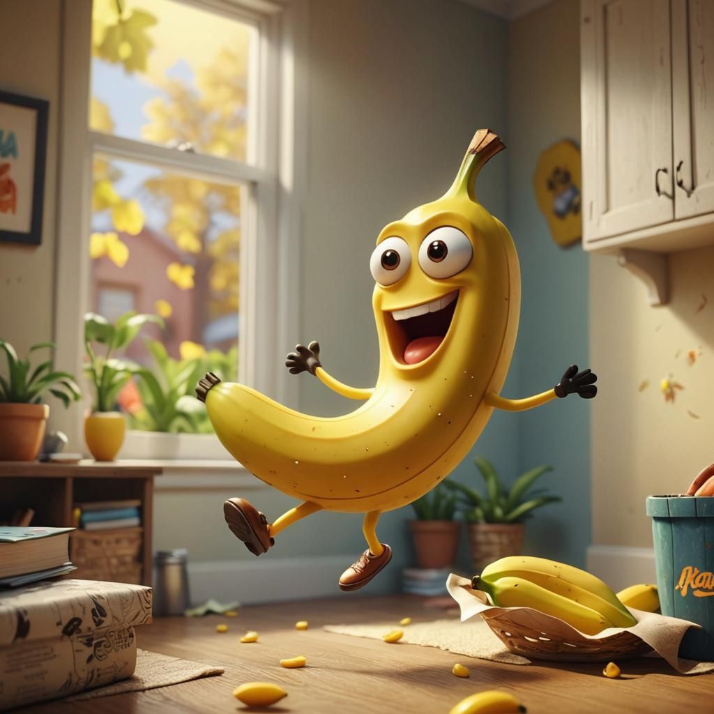 Smiling Banana Character Jumping, Pixar-style 3D Animation