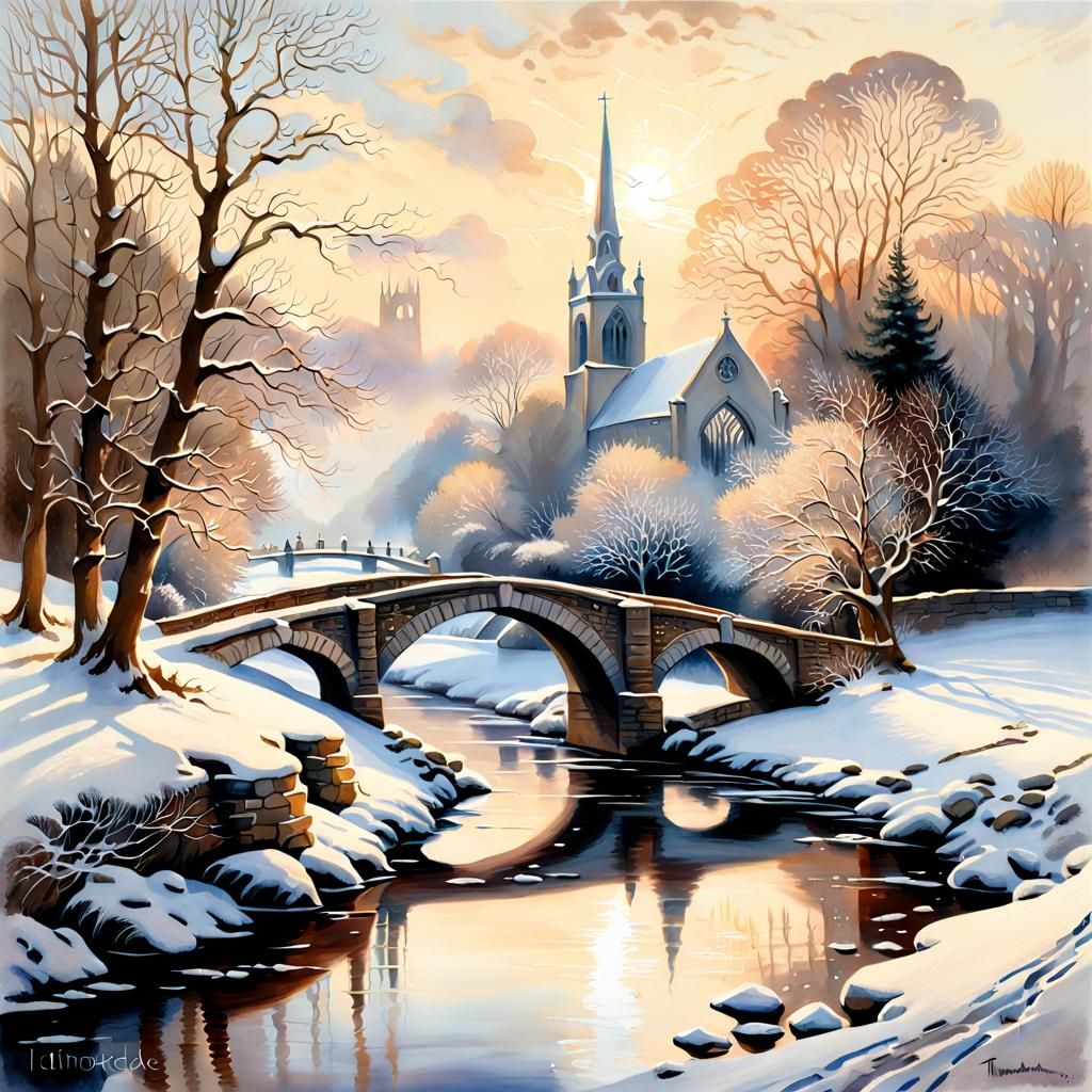 Monochrome Winter Countryside Watercolor Painting