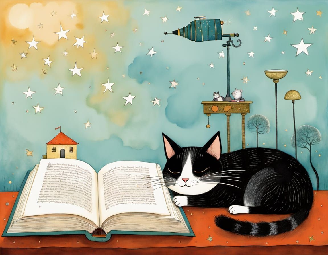 Whimsical Storybook Cat and Mouse Reading