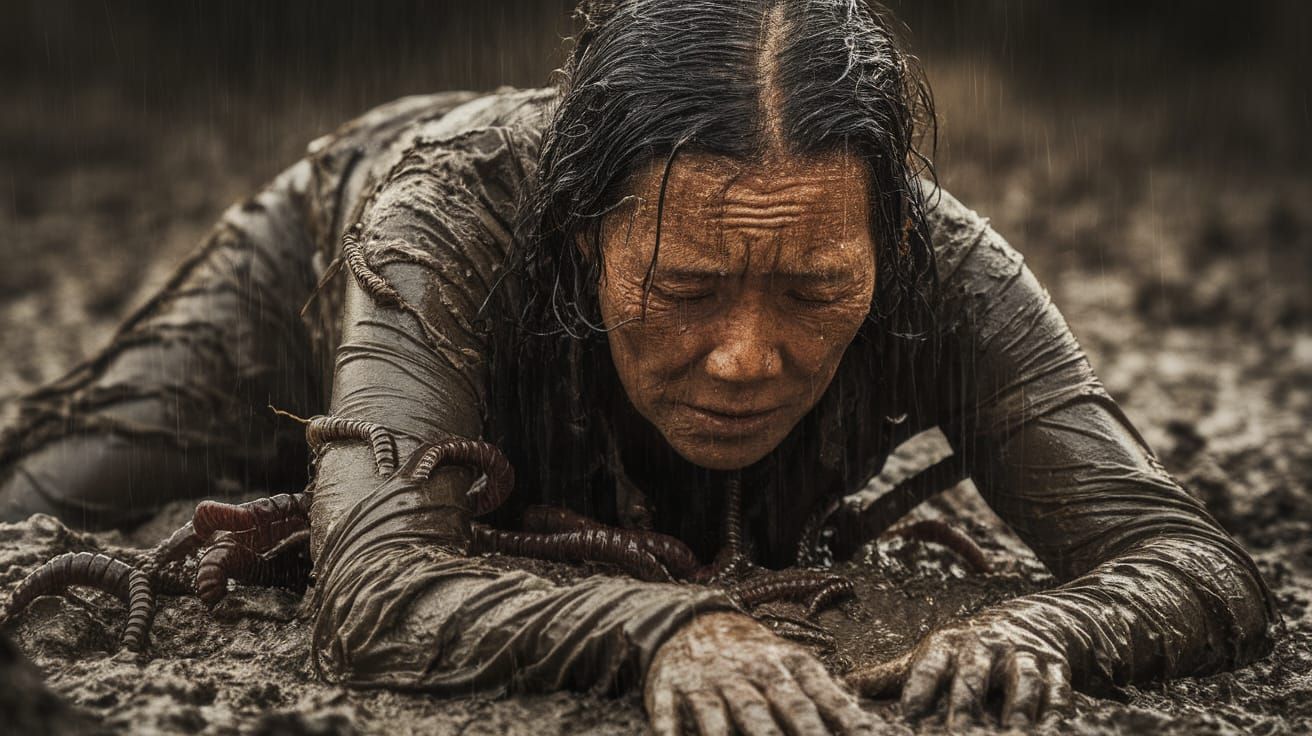 Aged Woman Crawls Through Viscous Mud Under Drizzle