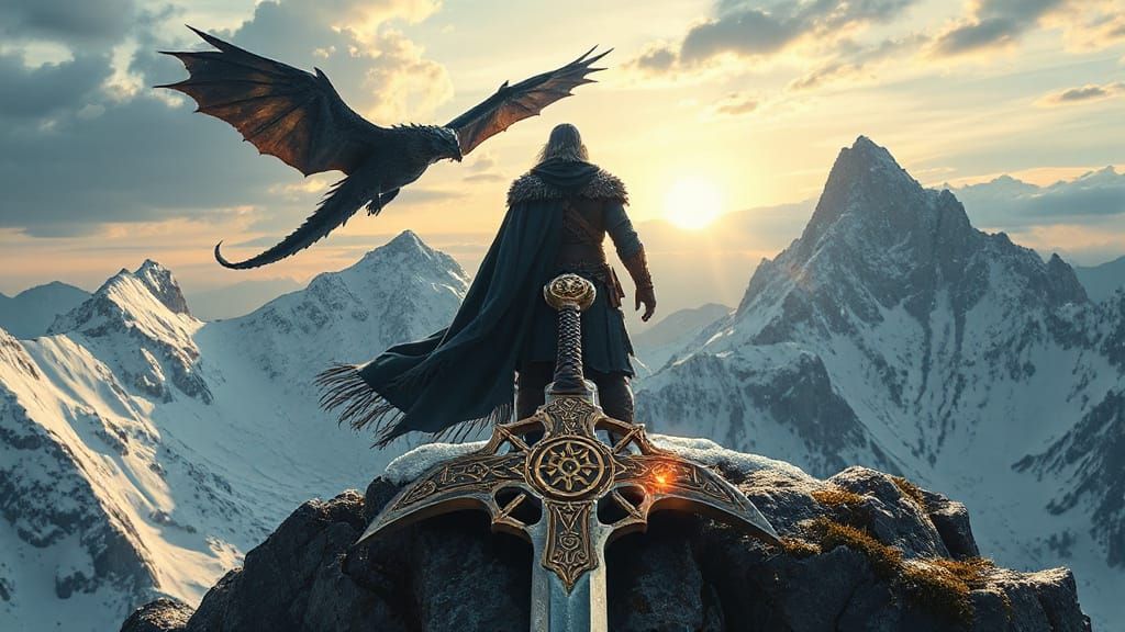Epic Warrior Ascends Amidst Ancient Nordic Splendor