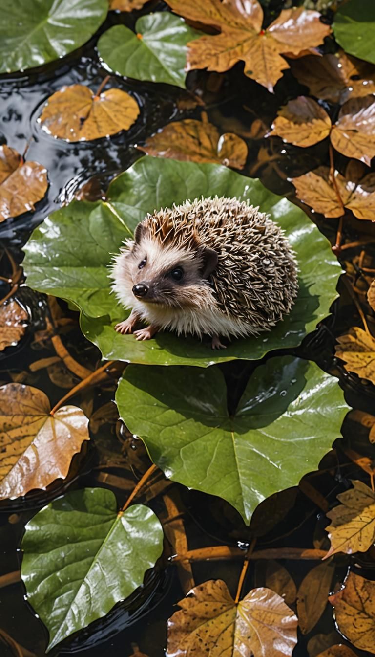 Hedgehog Floating on Leaf in Brook