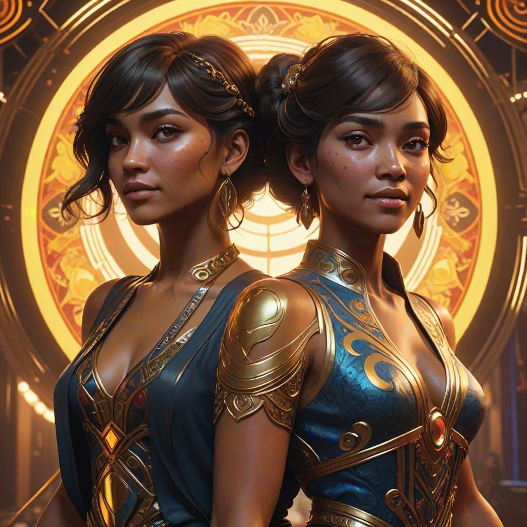 Two Women Dancing Bachata in Vibrant Art Nouveau Style