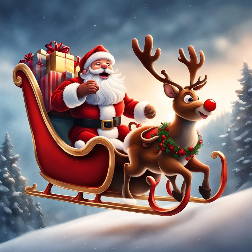 Santa Claus Sleigh Ride in Hyperrealistic Splash Art