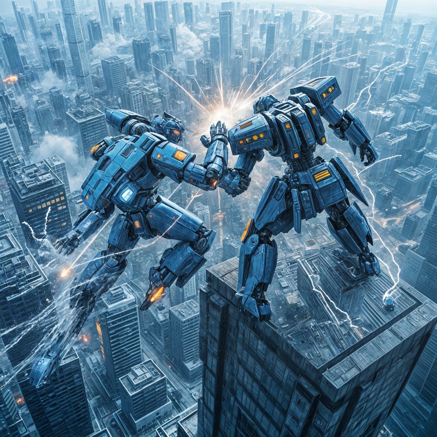 Blue Mecha Battle on Cliffside City