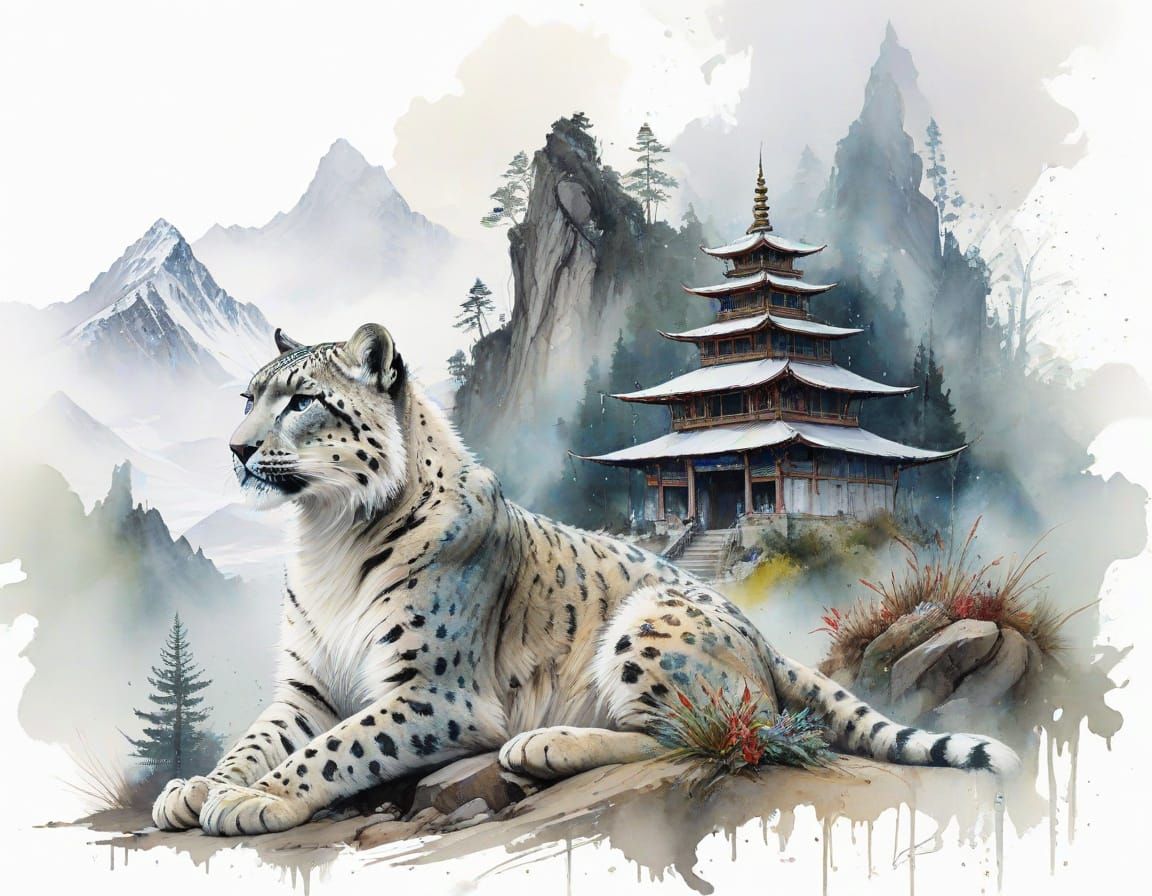 Himalayan Temple Oasis in Watercolour Style