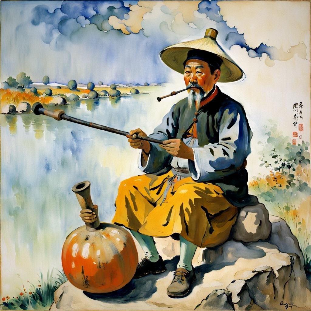 Chinese Farmer Playing Hulusi in Impressionist Style