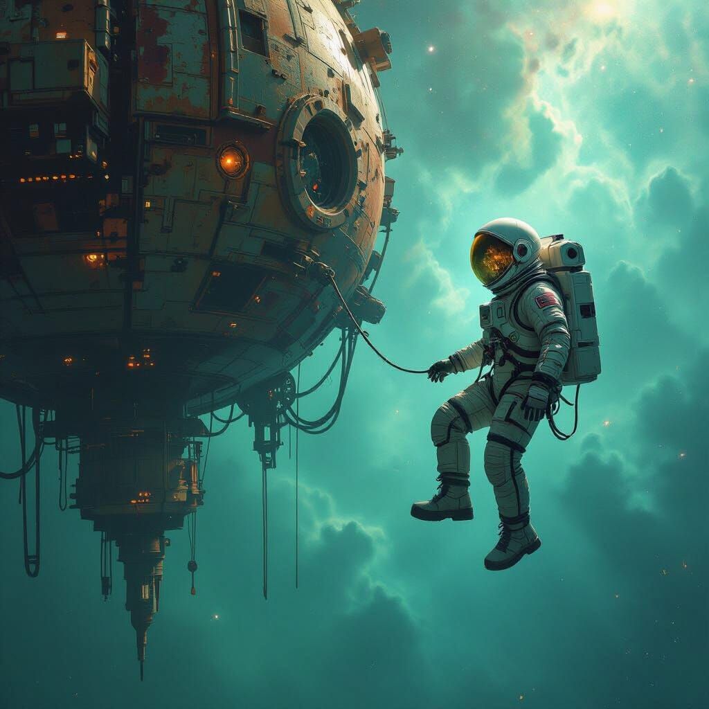 Astronaut Drifts Near Ancient Space Station