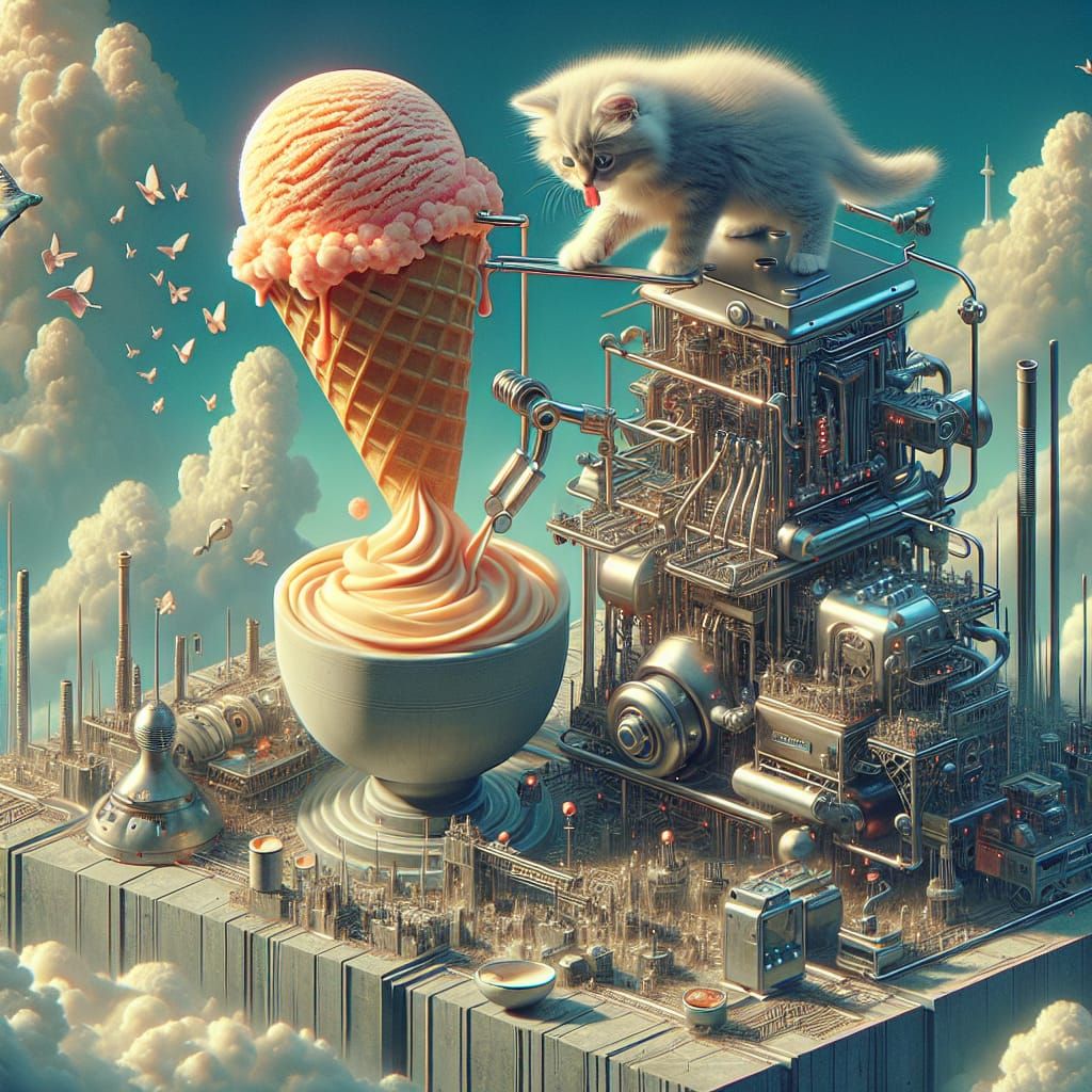 Kitten Licking Ice Cream in Dieselpunk Dreamscape