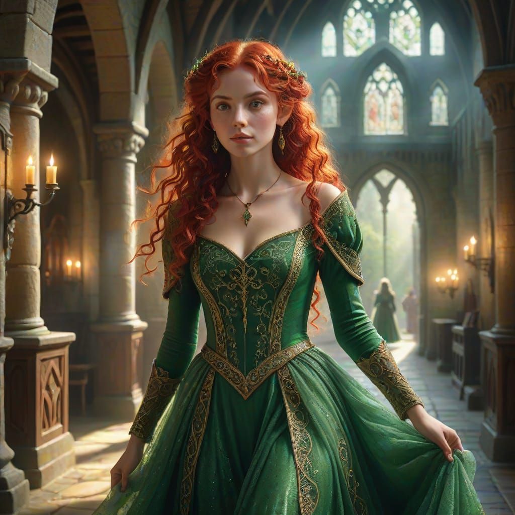 Ethereal Elf Maiden Enters a Dreamy Medieval Hall
