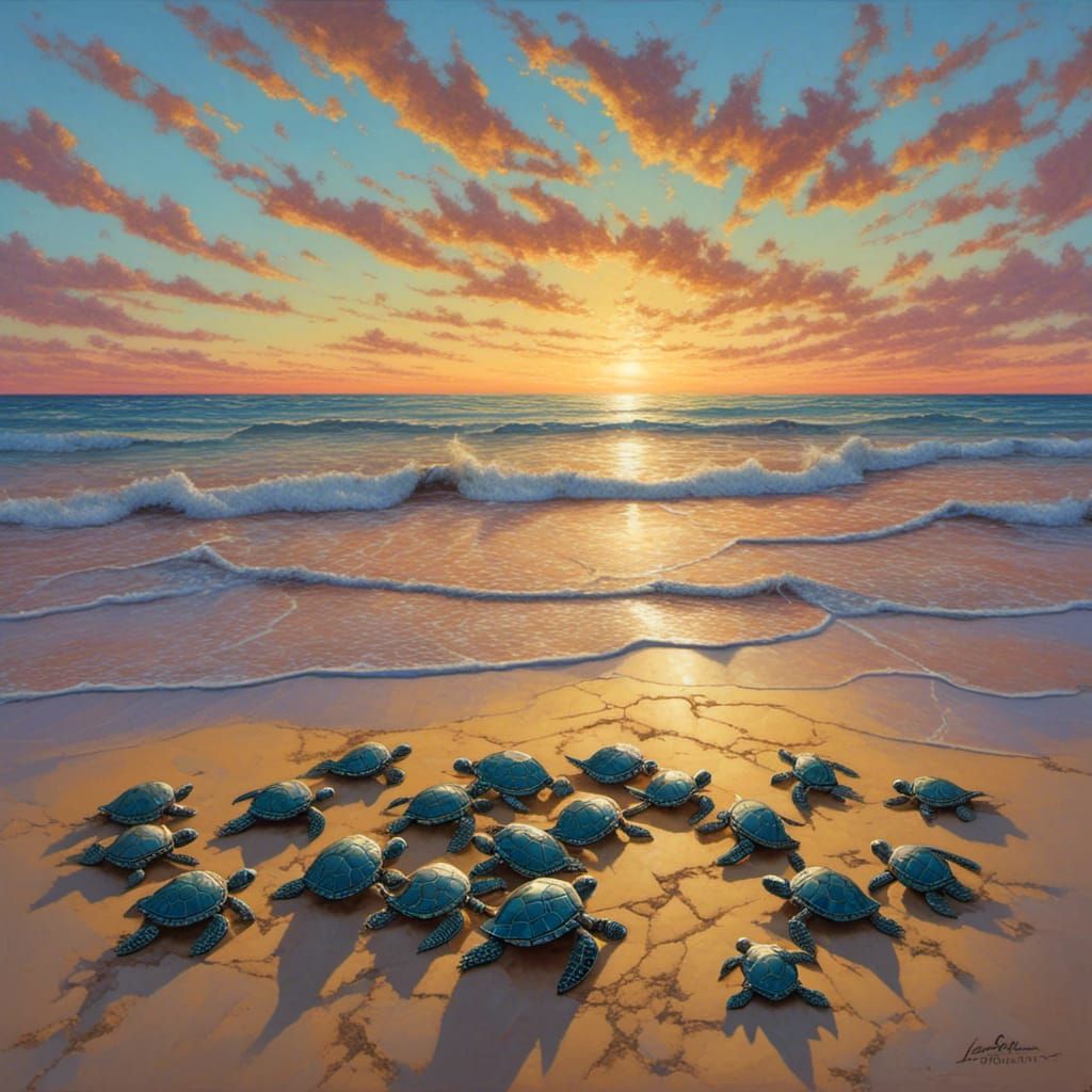 Sea Turtles' Sunset Scramble: An Oil Painting