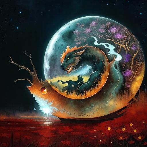 Mythological Landscape with Eclipse, Stylized Watercolor Art