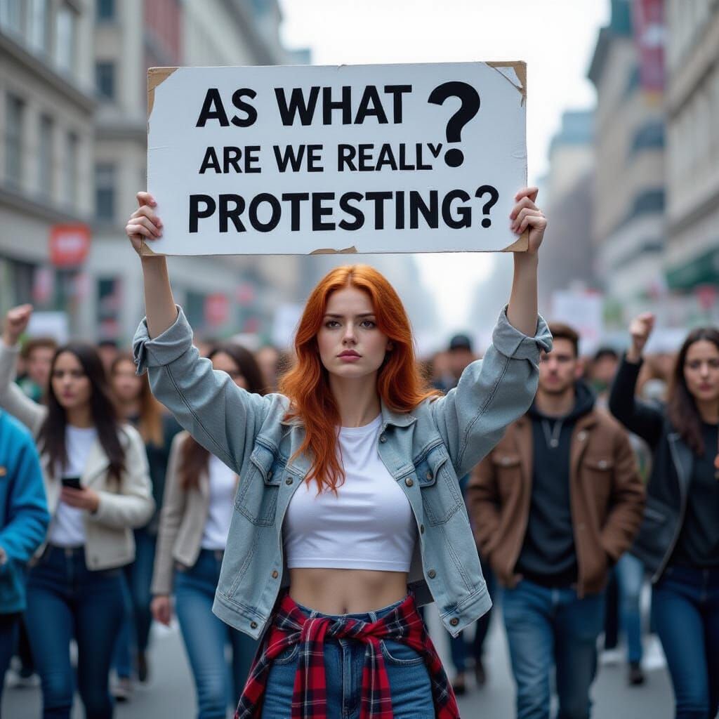 Red-Haired Woman Holds Question Mark Placard at Protest
