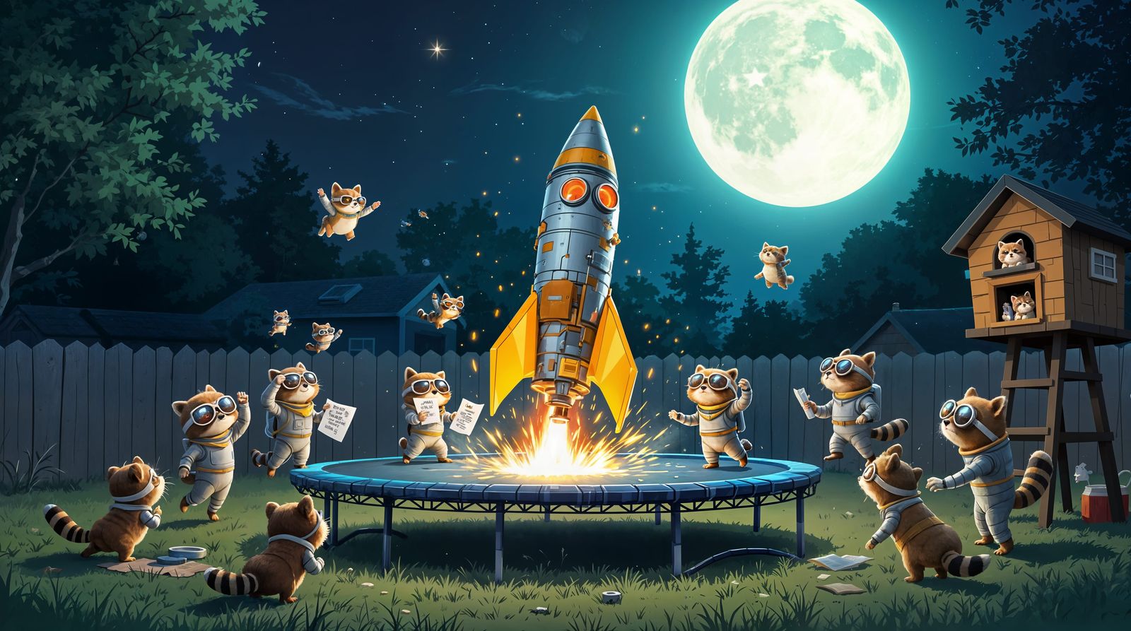 Whimsical Raccoon Rocket Launch in a Backyard Under a Full M...