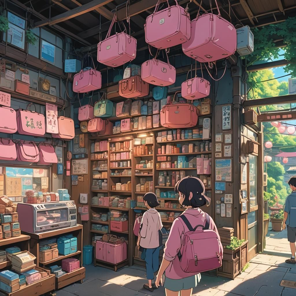 Pink Purse in Studio Ghibli Anime Style
