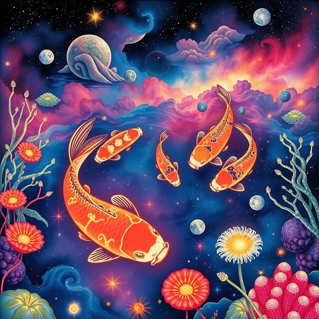 Surreal Cosmic Koi Pond Blooms in Vibrant Nebula