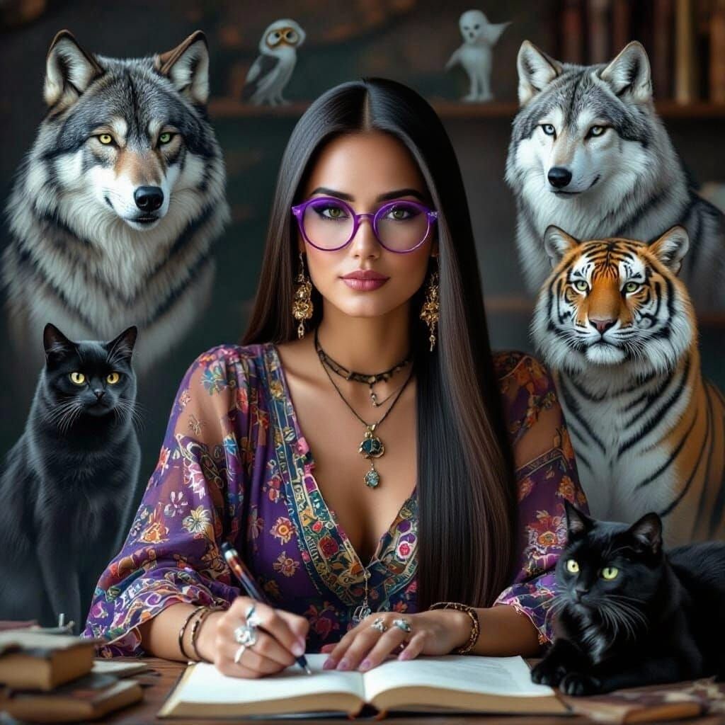 A woman with purple rim metal framed glasses, dark hair hang...