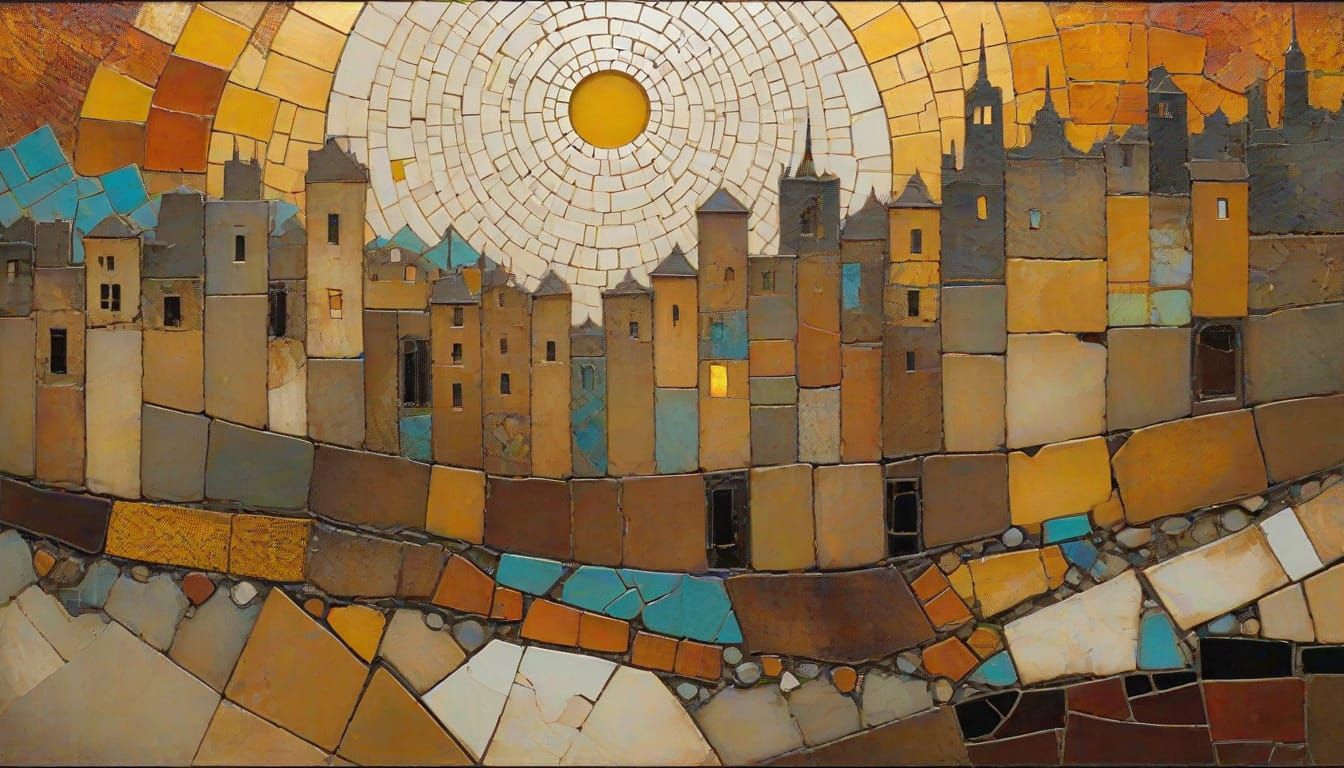 Surreal Mosaic Cityscape at Sunset