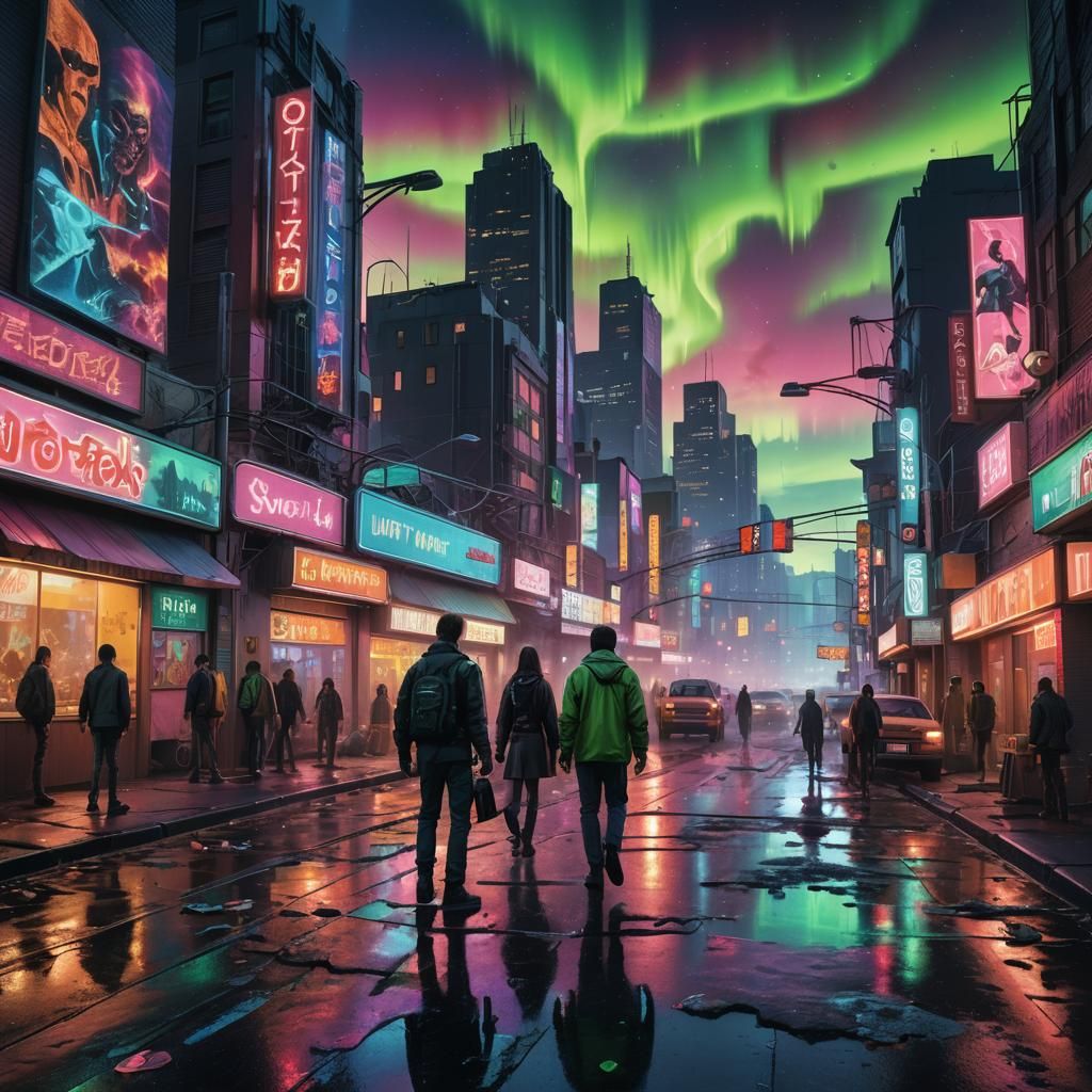 Zombie Cityscape Under Aurora Australis in City Pop Style