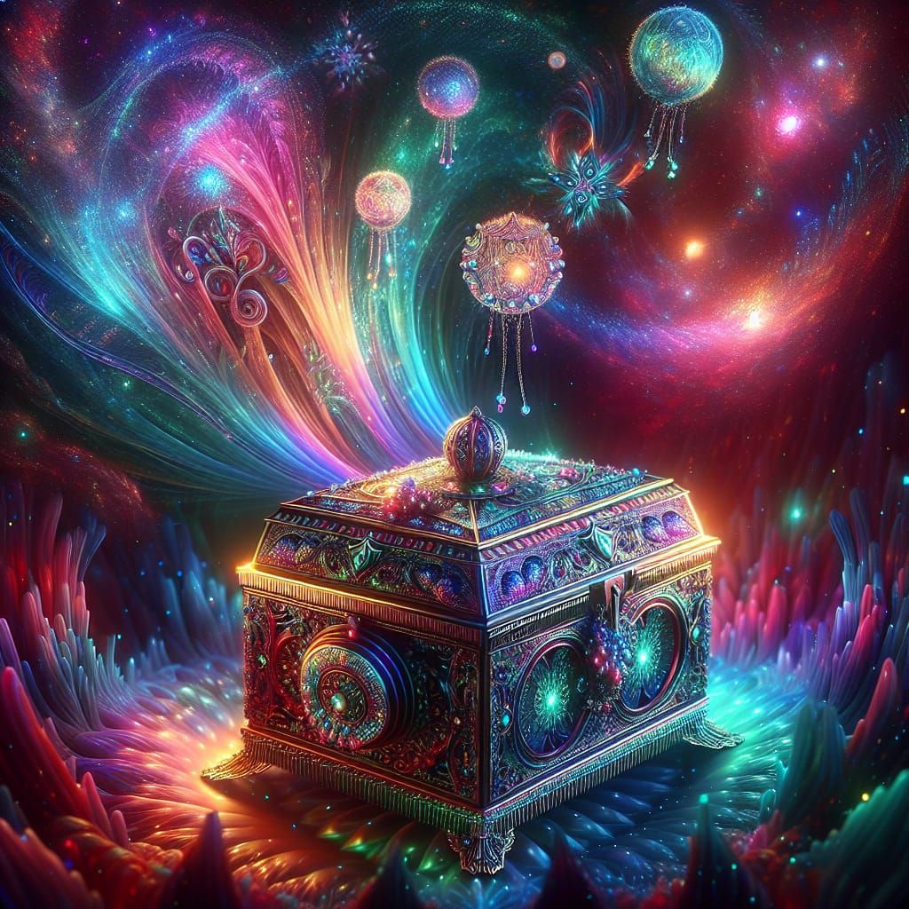 Iridescent Musical Box in a Cosmic Fantasy Realm