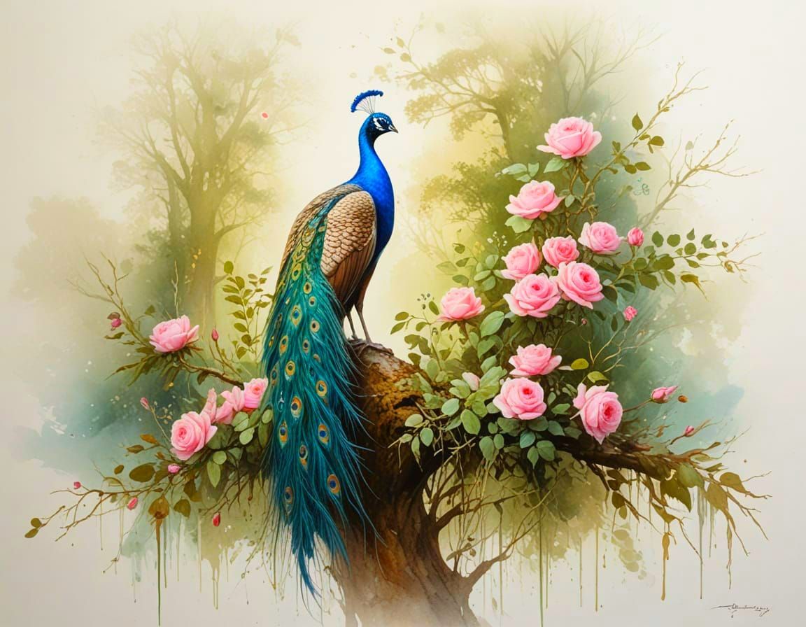 Majestic Peacock by Waterfall in Painterly Realism