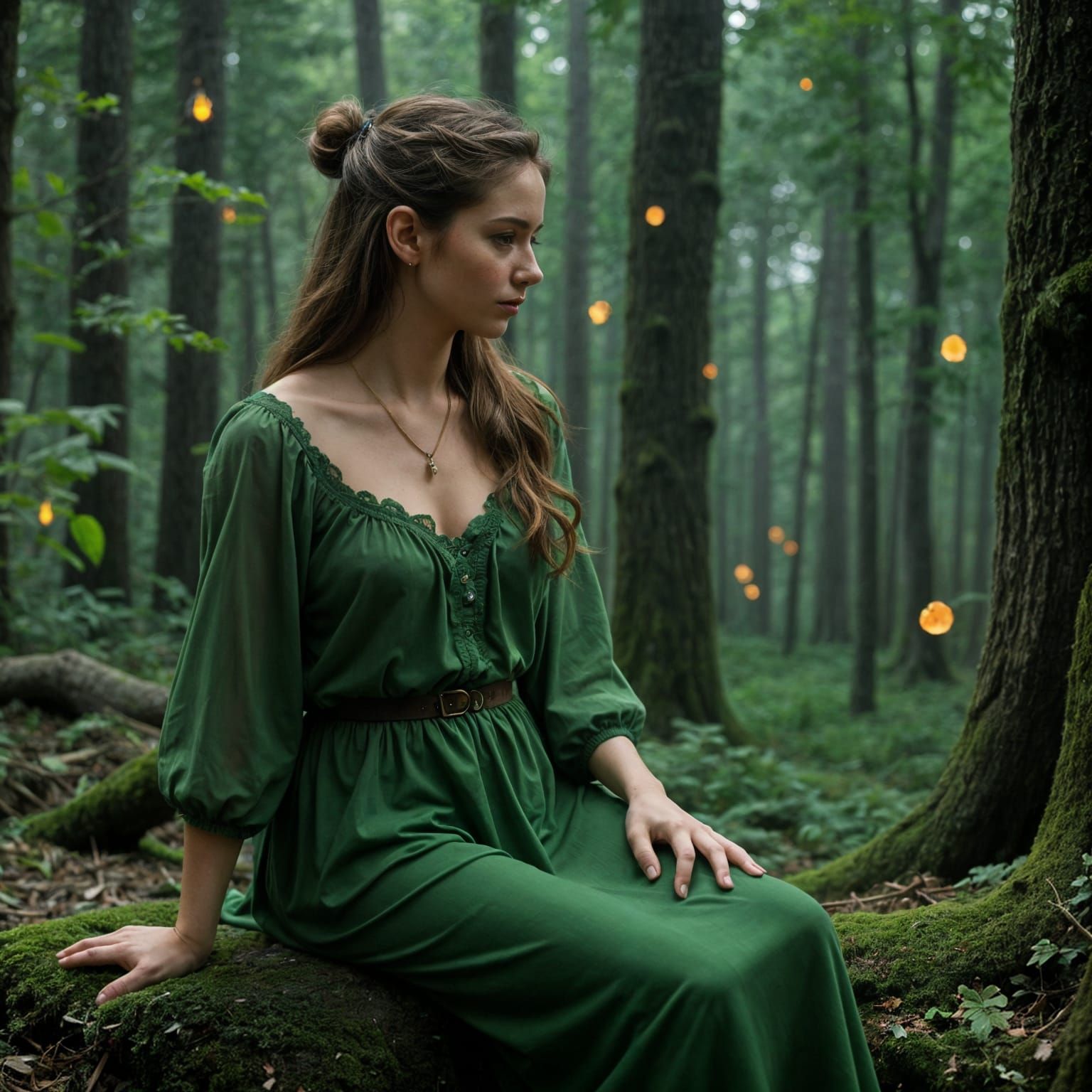 Ethereal Forest Encounters: A Young Woman's Alluring Gaze