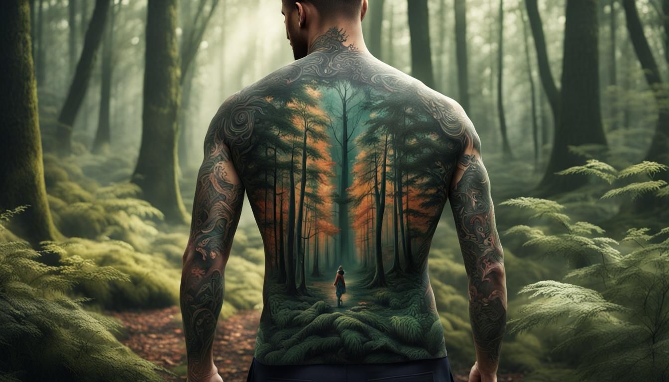 Tattooed Back Merging with Forest, Detailed Matte Painting