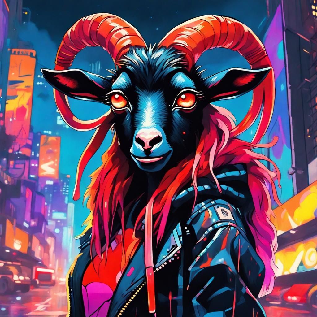 Cyberpunk Goat-Girl Portrait in Vibrant Anime Style