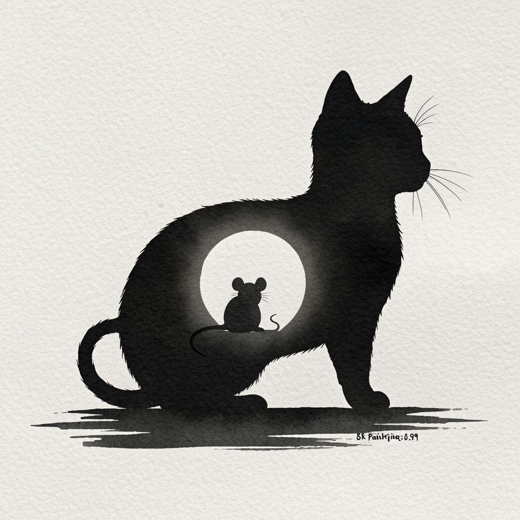 Cat Silhouette with Mouse Inside, Gouache and Watercolor Sty...