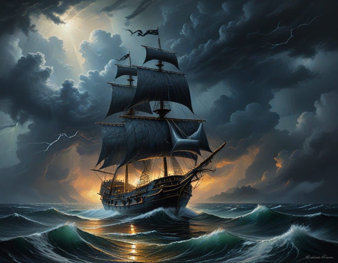 Dark Seascape with Pirate Ship in a Radiant Thunderstorm Oil...