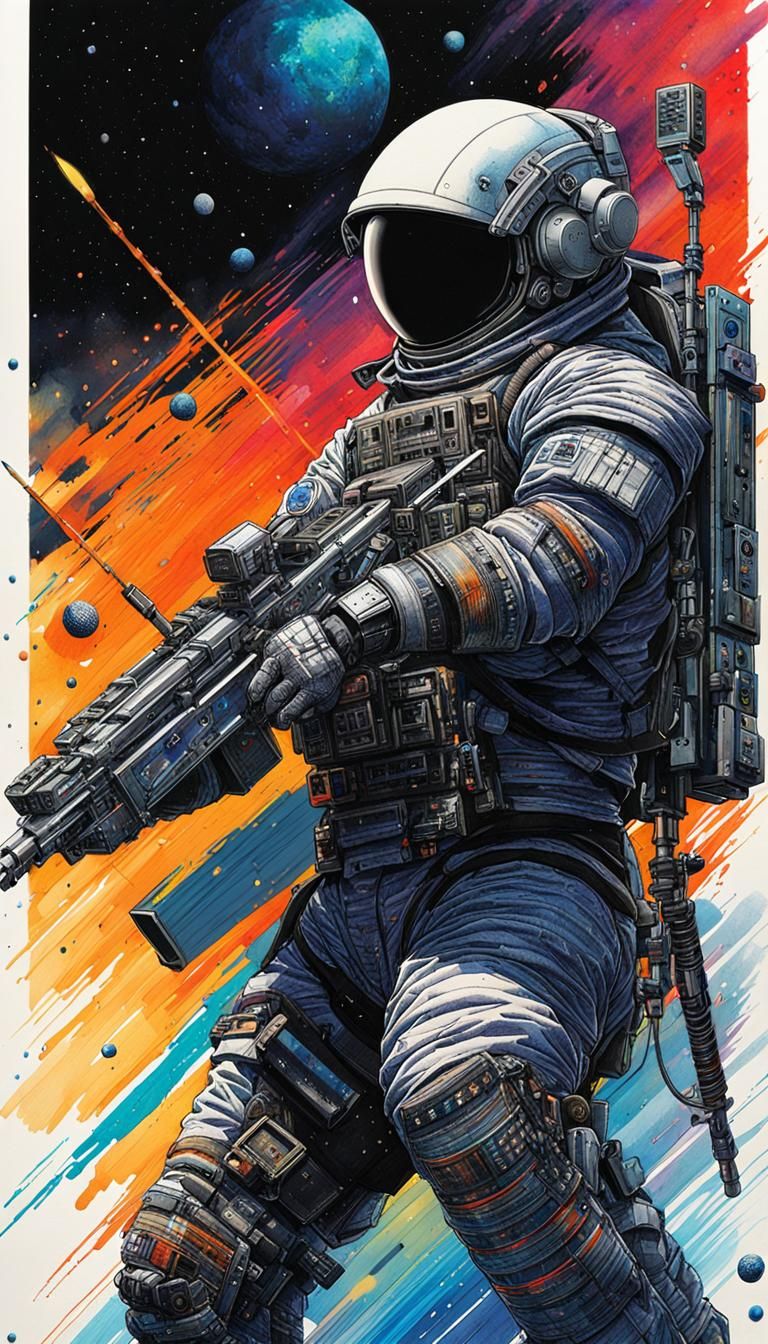 Astronaut Pianist: Cybernetic Samurai in Ink and Watercolor