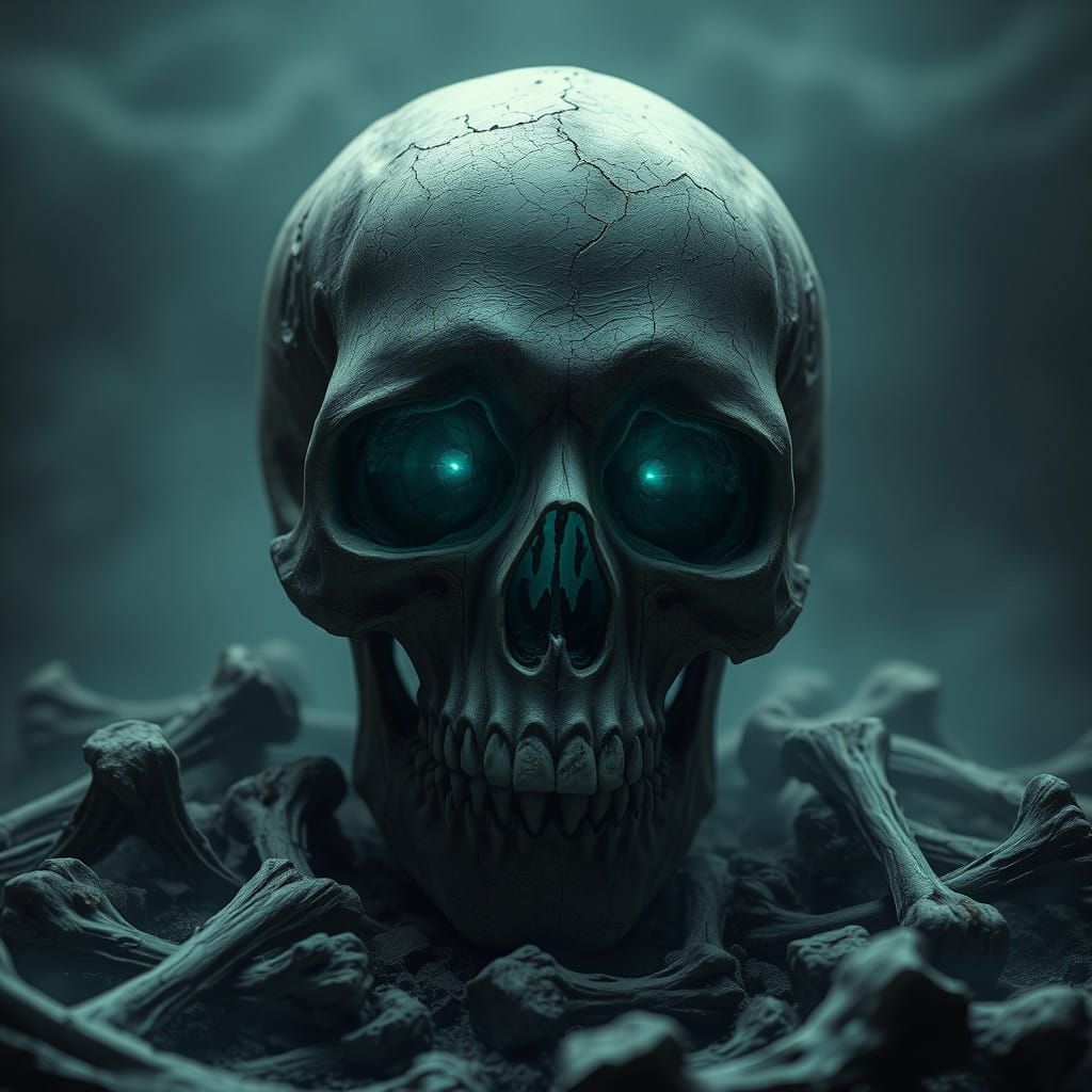 Ethereal Skull in Dark, Fog-Shrouded Landscape