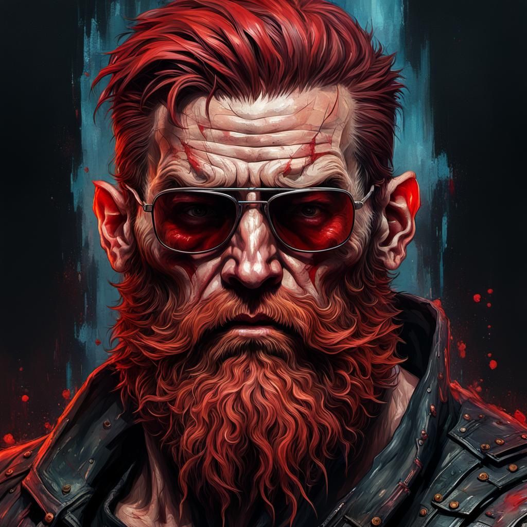 Cannibalistic Cyberpunk Man with Red Beard in Impasto Style